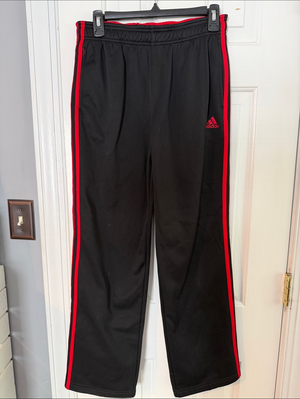 adidas Black Joggers with Red Side Stripes - Kids Large 14/16)